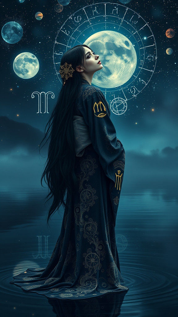 Gothic Girl in Midnight Kimono, Zodiac Signs, and Starry Sky