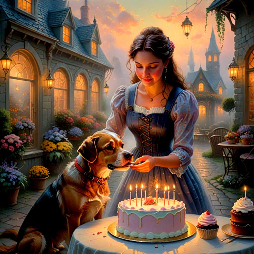 Girl and Dog Share Birthday Cake in Ethereal Style