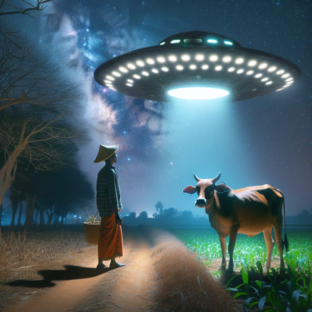 UFO Surprises Farmer and Cow Under Starry Night Sky in Photo...