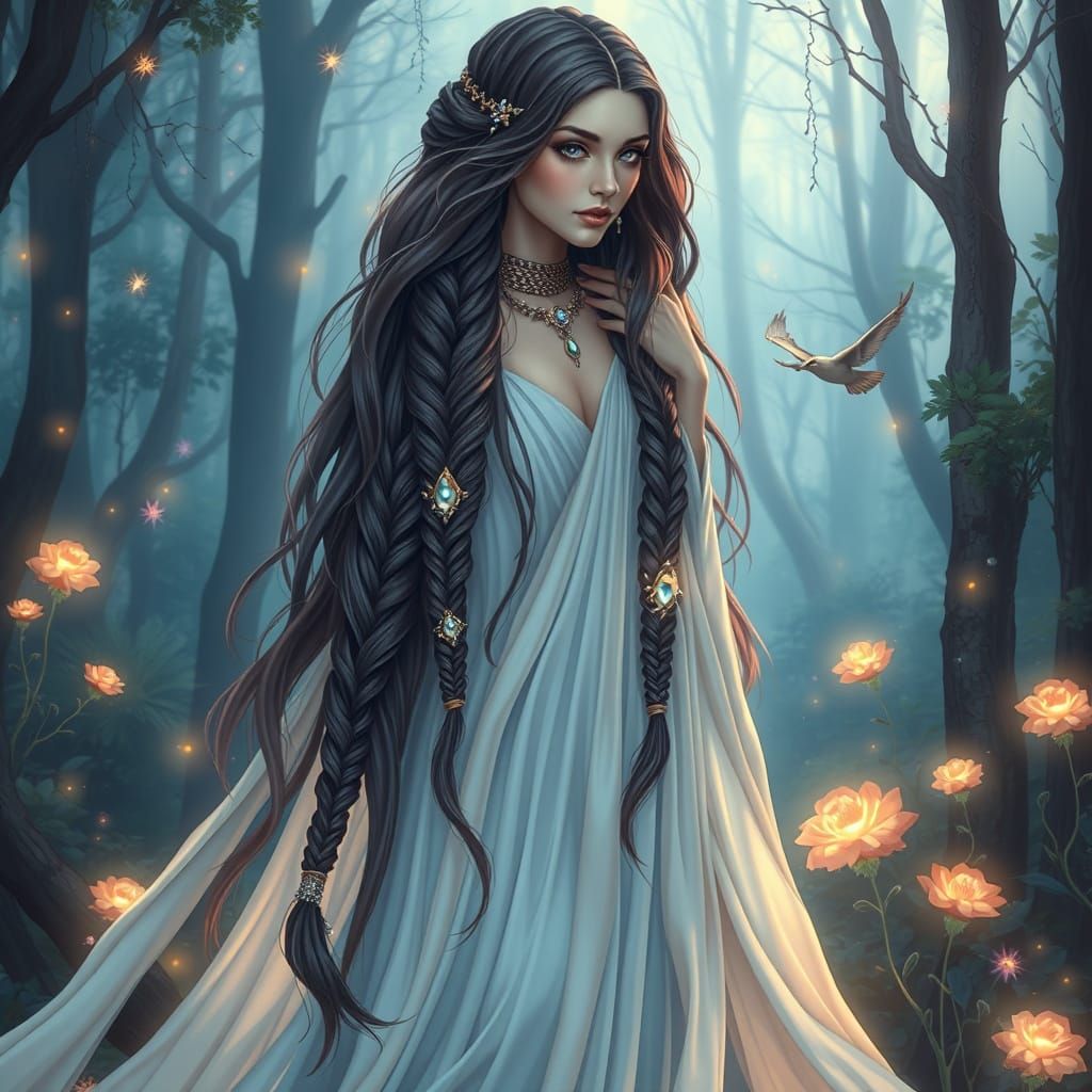 Mystical Forest Sorceress in Art Nouveau Style