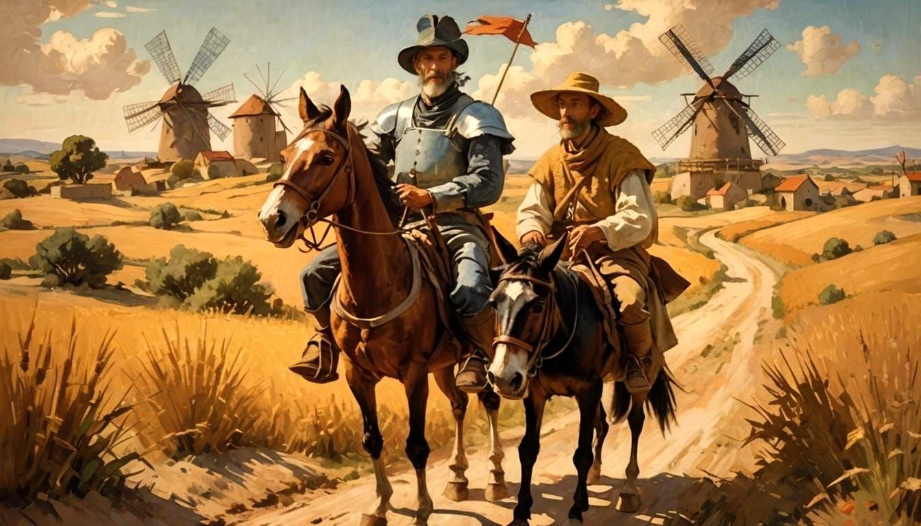 Don Quixote and Sancho Panza Ride Through a Rolling Landscap...
