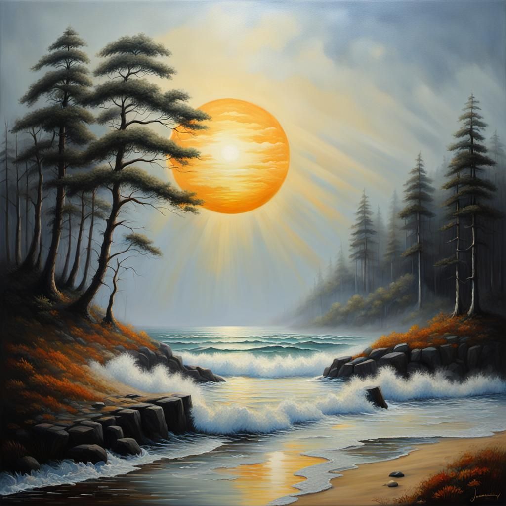 Mysterious Sunset by the Ocean in Dreamlike Oil Painting Sty...