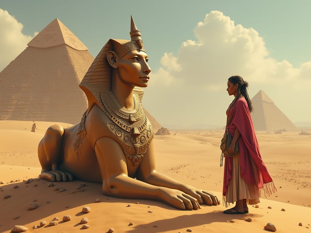 Ancient Female Sphinx on Desert Dunes Engaging a Traveler