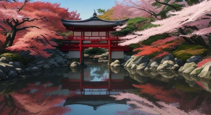 Autumn Japanese Garden with Maple Trees and Wooden Bridge