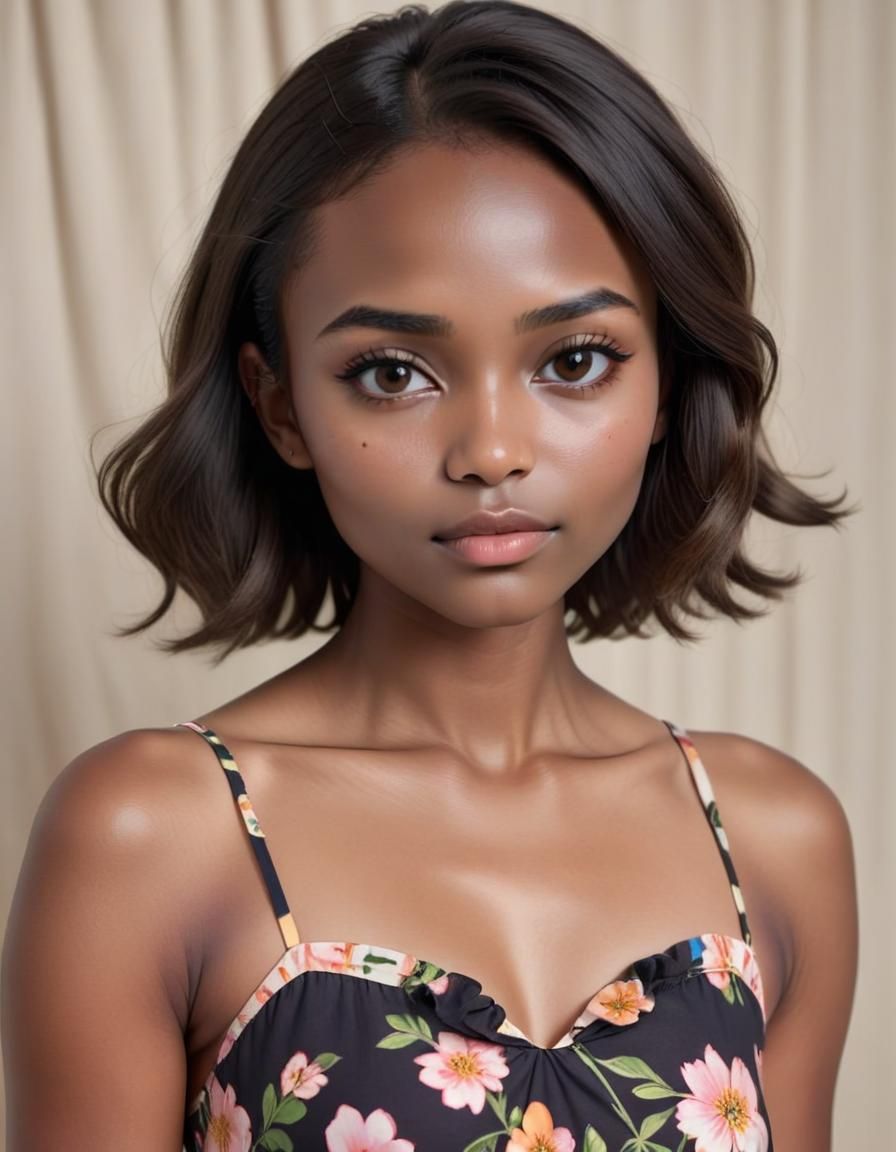 Sultry Dark Skinned Woman in Elegant Floral Sundress