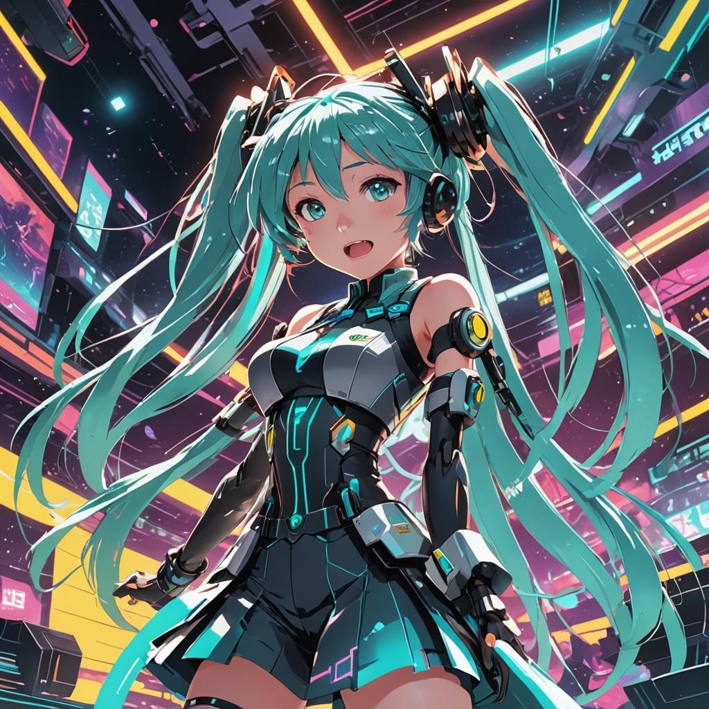 Vibrant Anime Goddess Performs on a Futuristic Stage