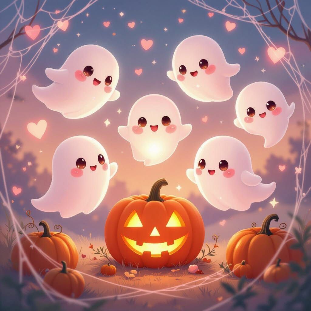 Cute Pink Ghosts Surround Glowing Heart Pumpkin