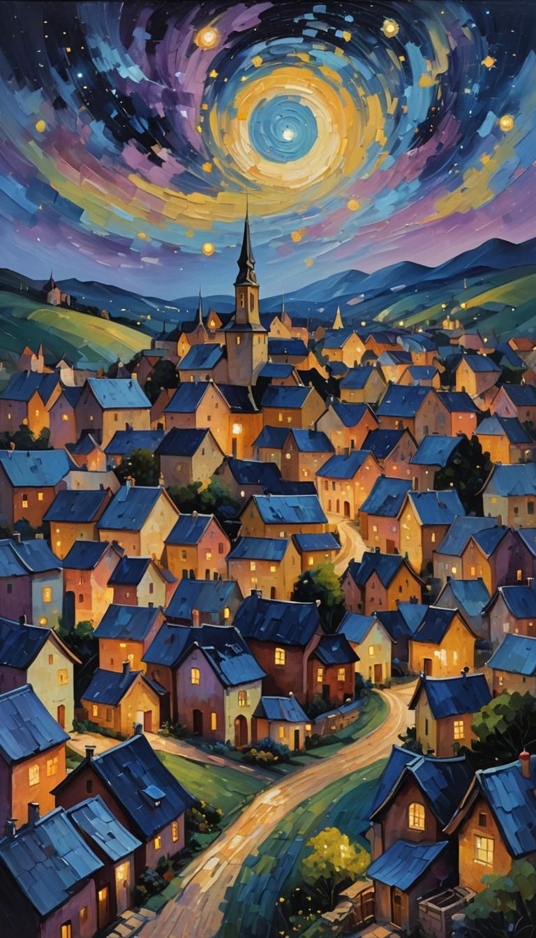 Whimsical Village Under a Starry Night Sky