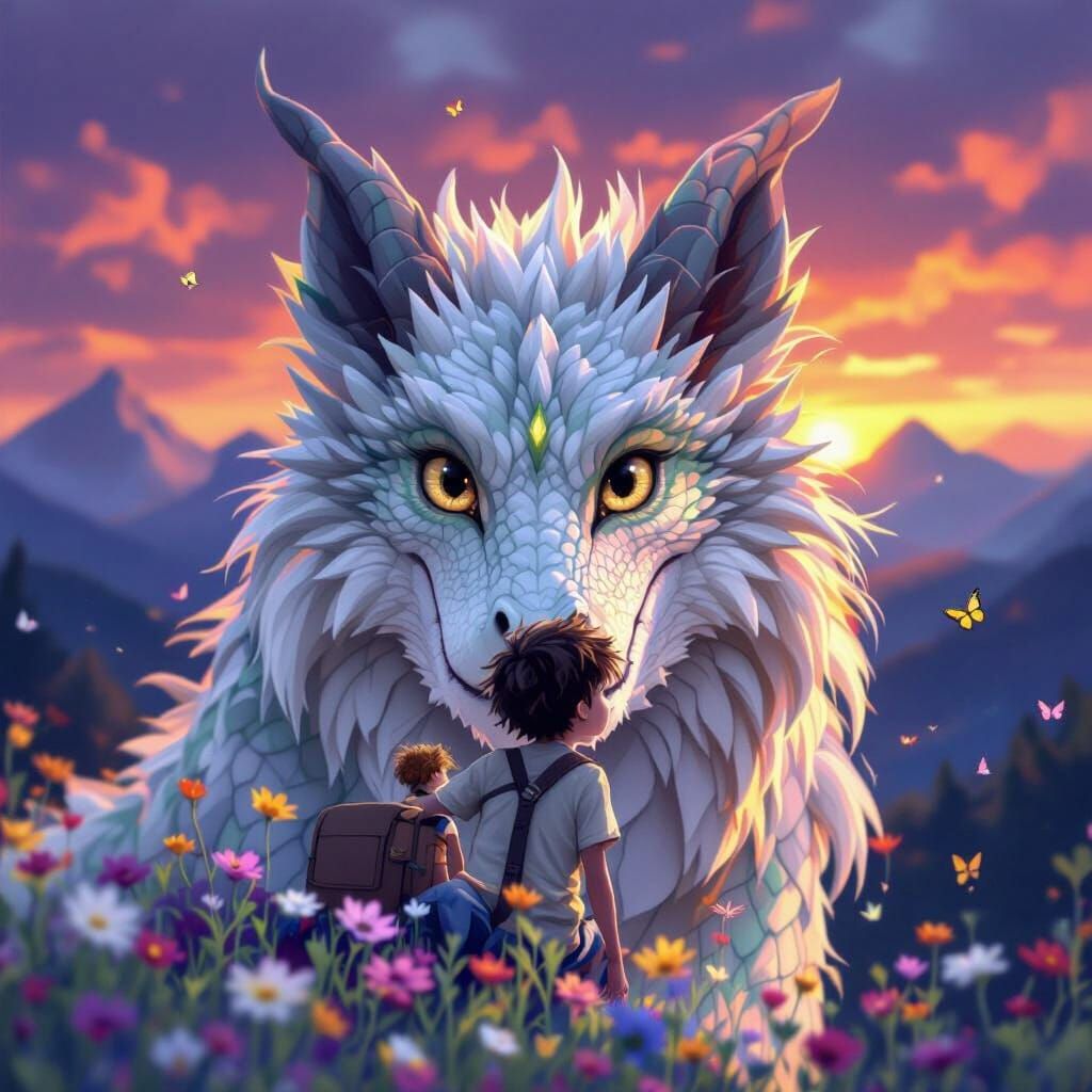 Boy and Dragon in Sunset Flower Field