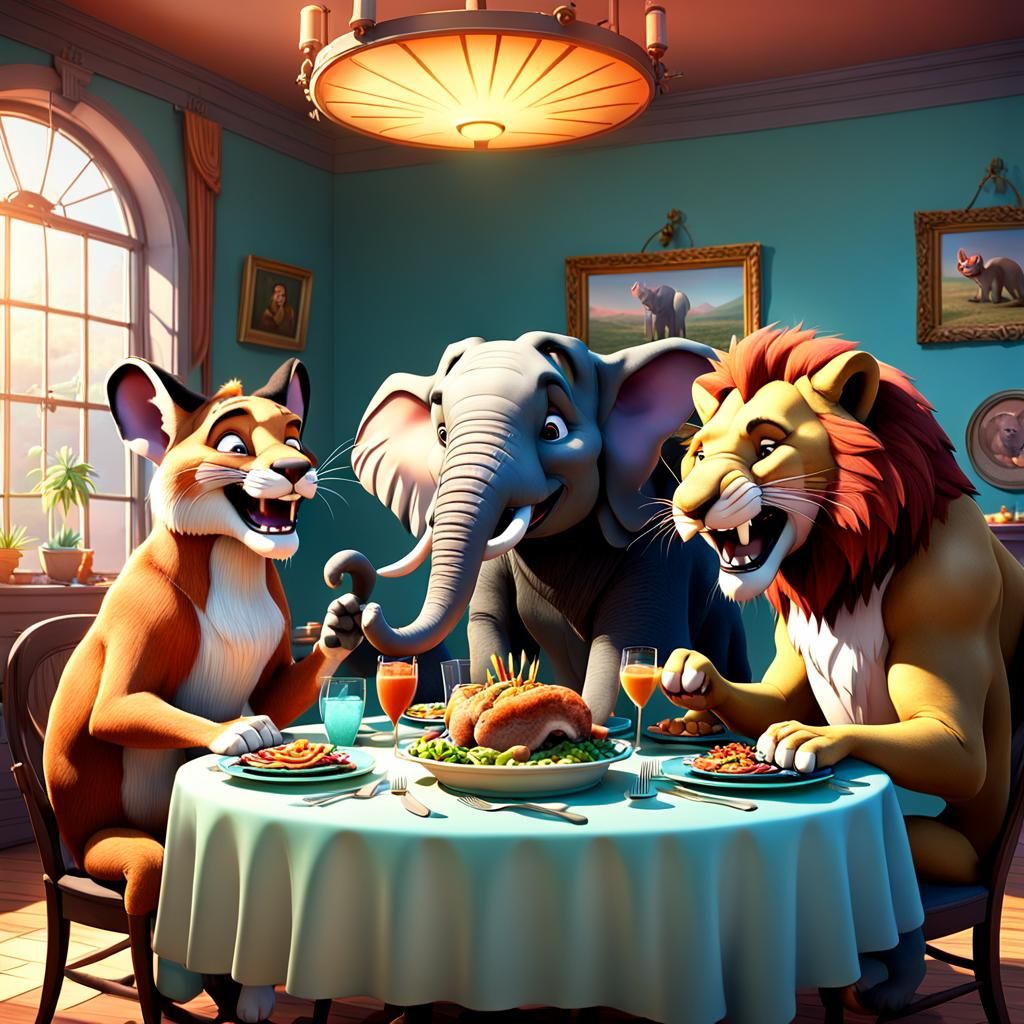 Whimsical Family Dinner in a Vibrant, Cinematic 3D Art Style