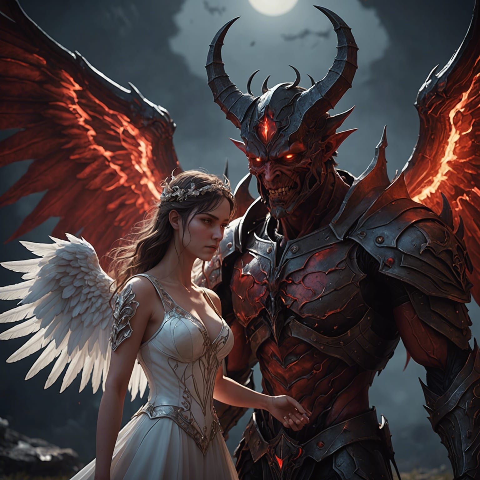 Ethereal Demon and Angel in Love on a Gothic Battlefield