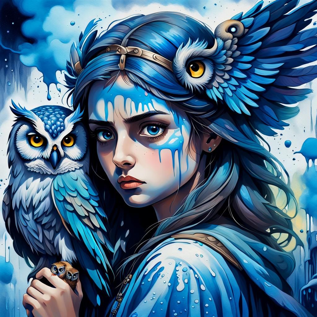 Athena's Sorrowful Portrait in Vibrant Graffiti Style