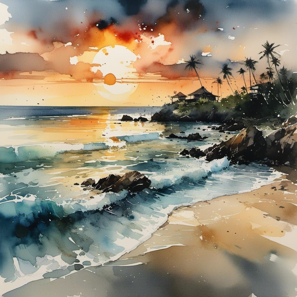Surreal Beach Scene in Chiaroscuro Art Style