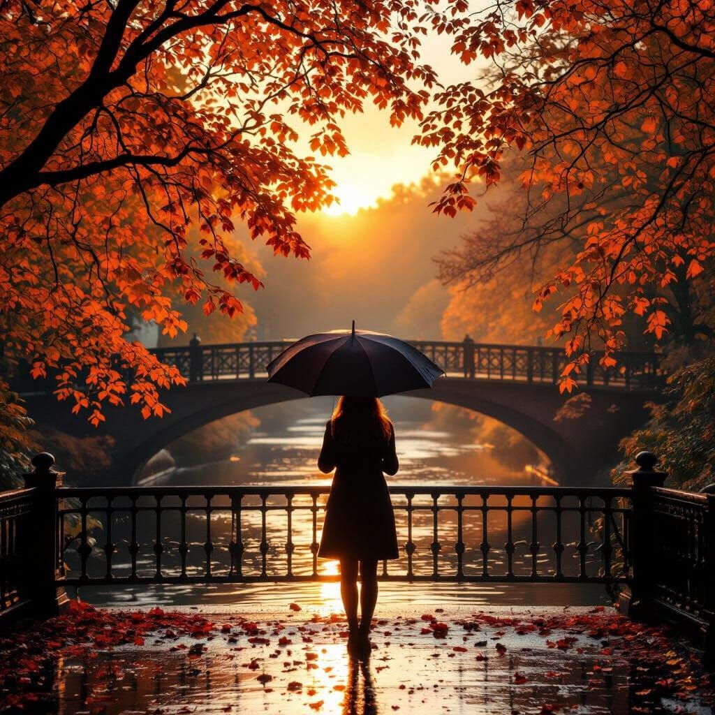 Woman with Umbrella on Bridge in Autumn Sunset