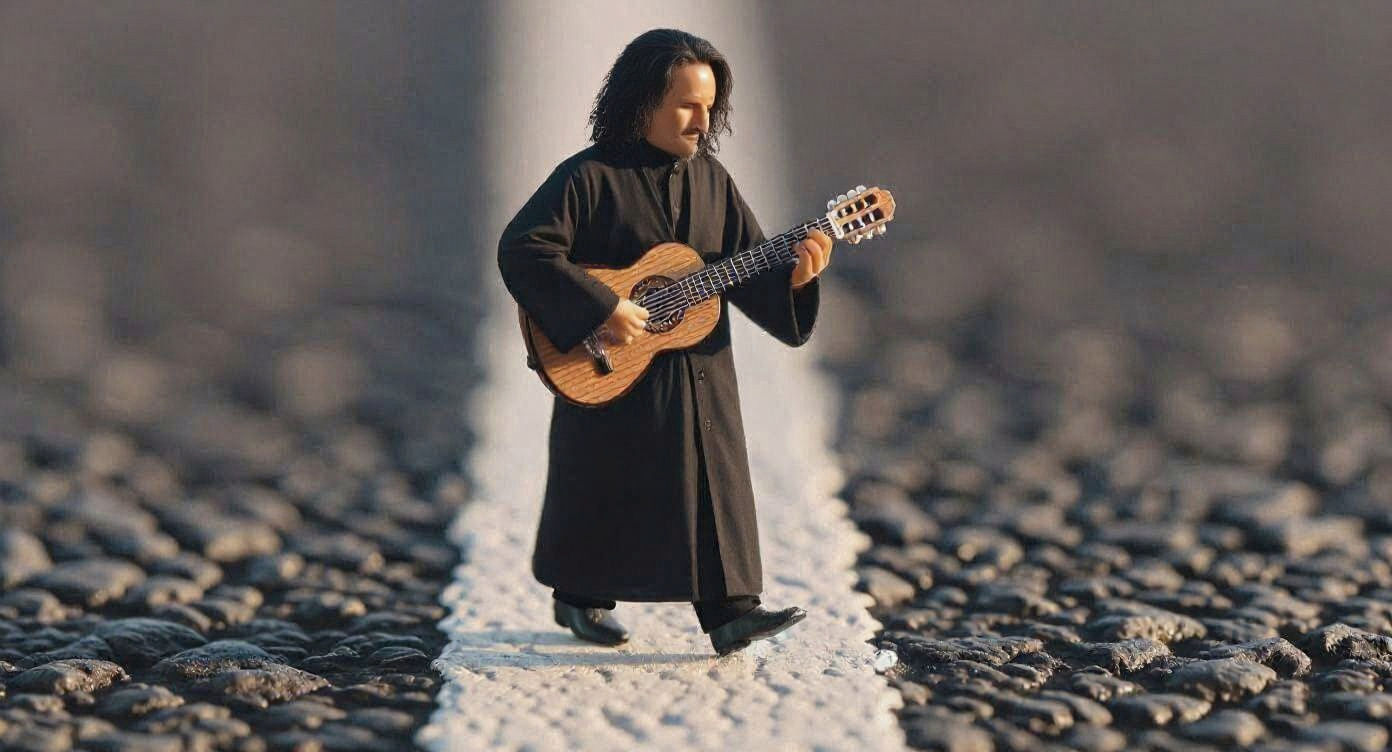 Man Walks Chalk Line with Guitar