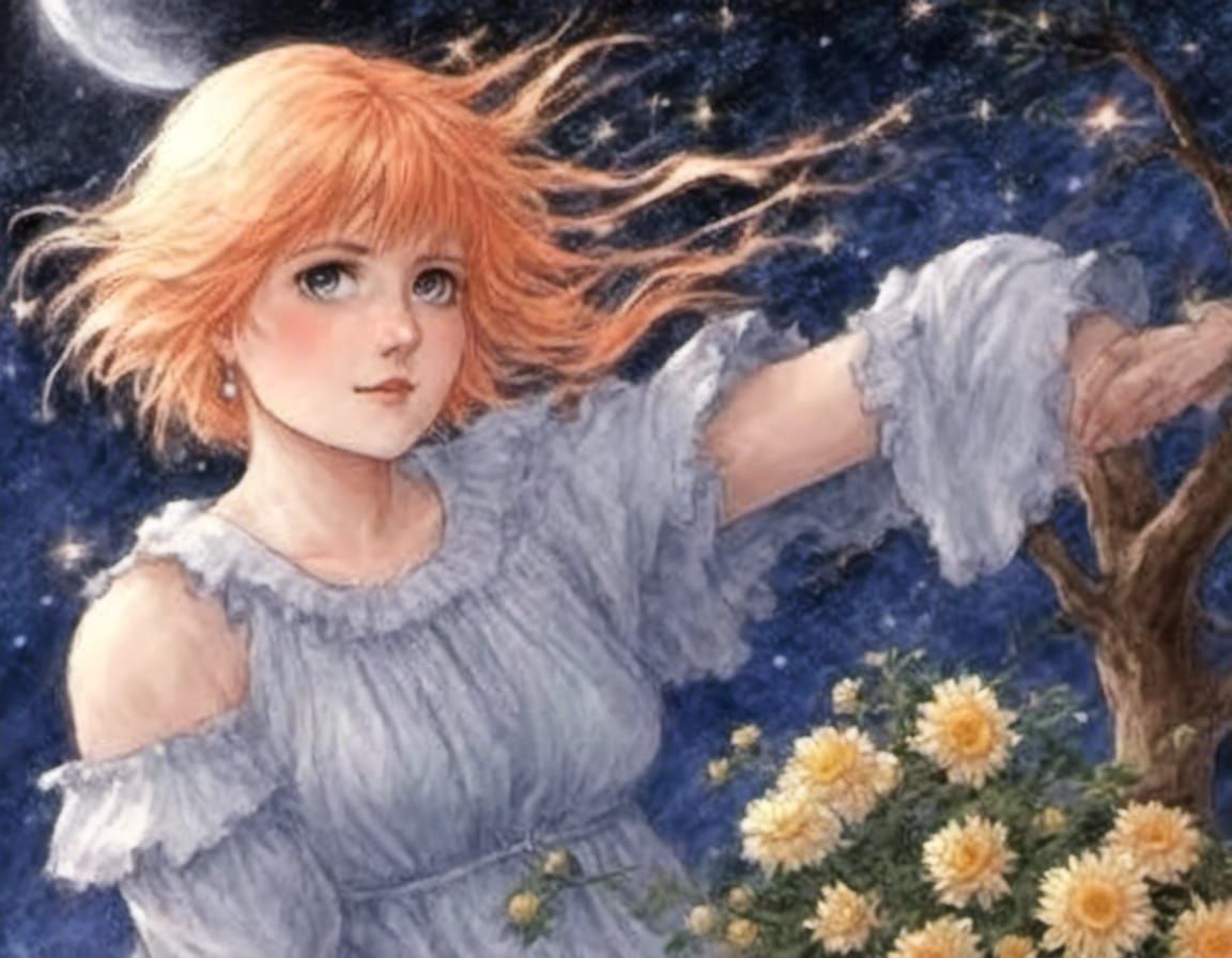 Anime Portrait of Olya Gazing at the Stars under Moonlight