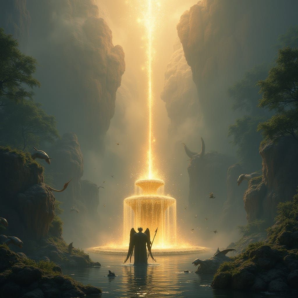 Angel Guards Radiant Fountain of Life in Ethereal Landscape