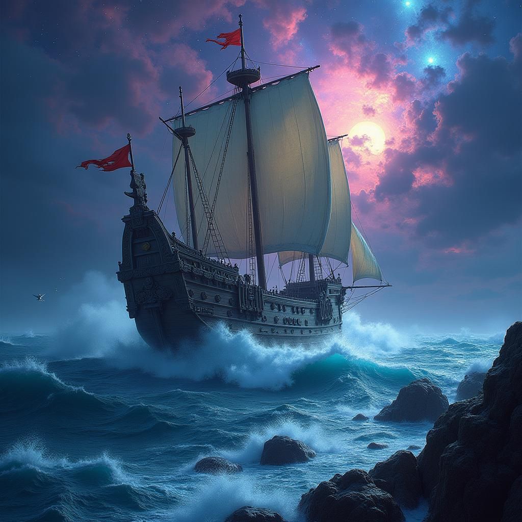 Majestic Galleon Sails Through Turbulent Ocean with Nebulae....