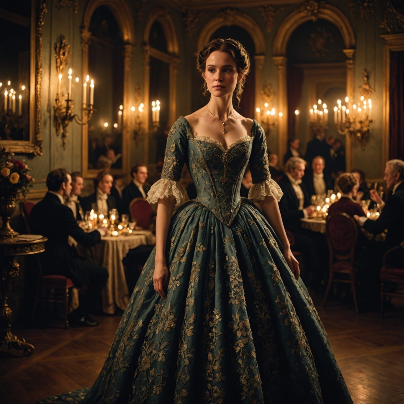 Elegant Woman in 1830s Ballgown Curtsies in Ballroom