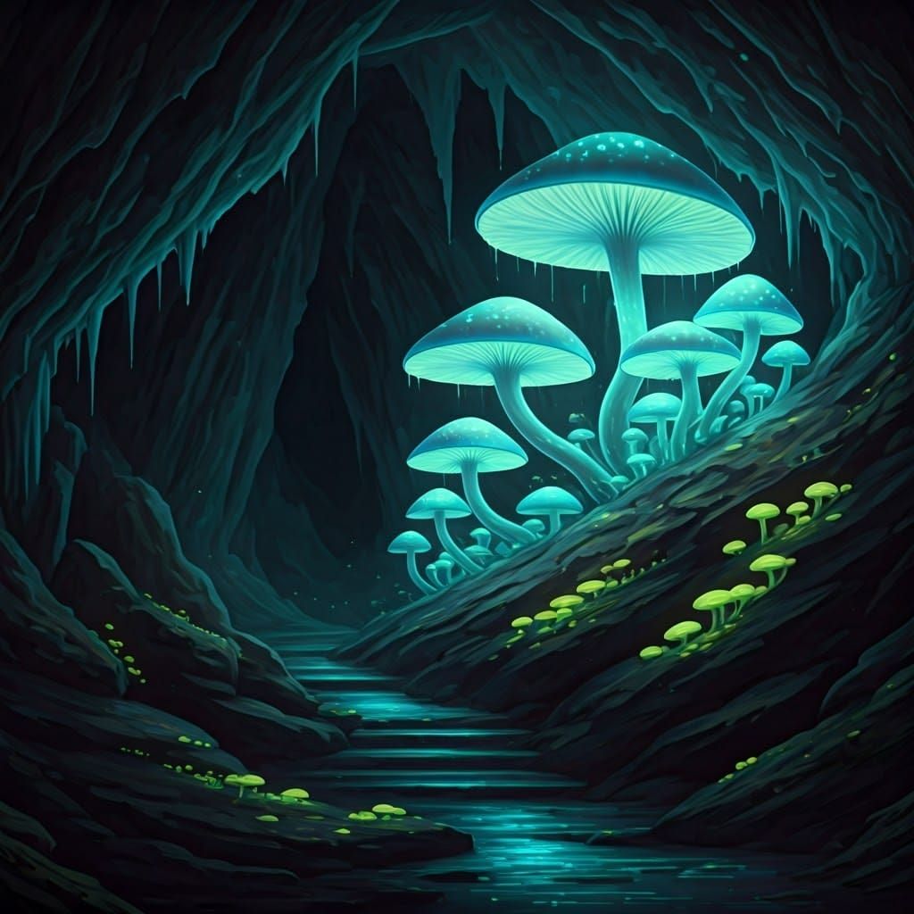 Bioluminescent Mushrooms Glow in Shadowy Cave