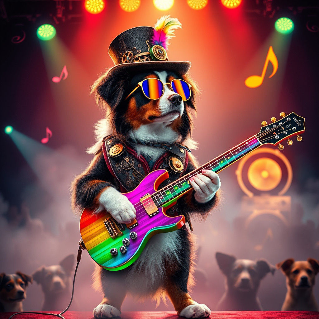 Steampunk Rockstar Australian Shepherd Takes the Stage