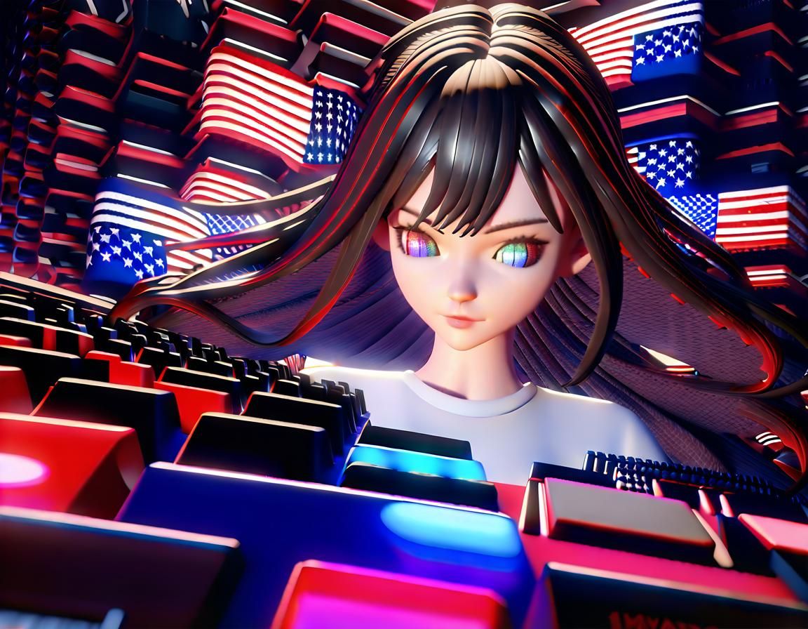Anime Beauty Plays Vibrant Keyboard Amid Waving American Fla...