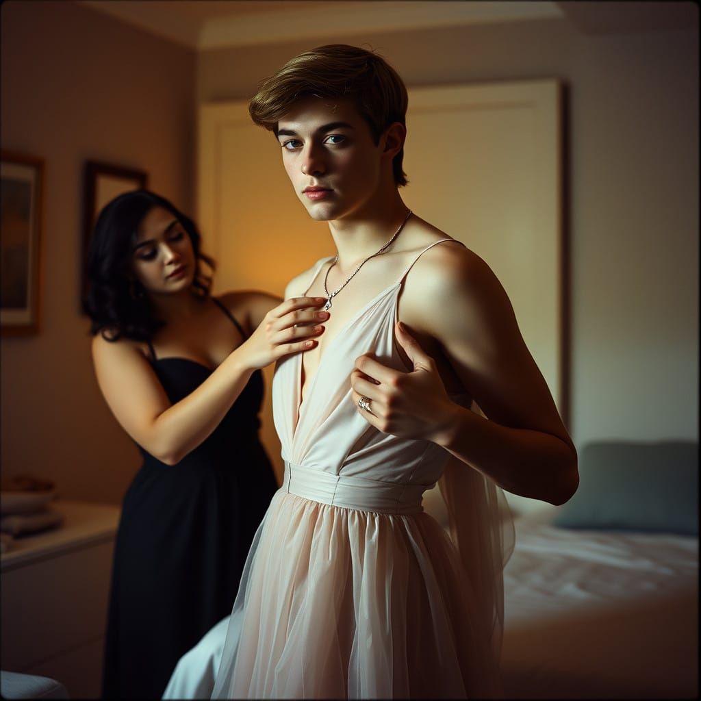 Gentle Moment in a Dramatic, Cinematic Portrait of a Man in...