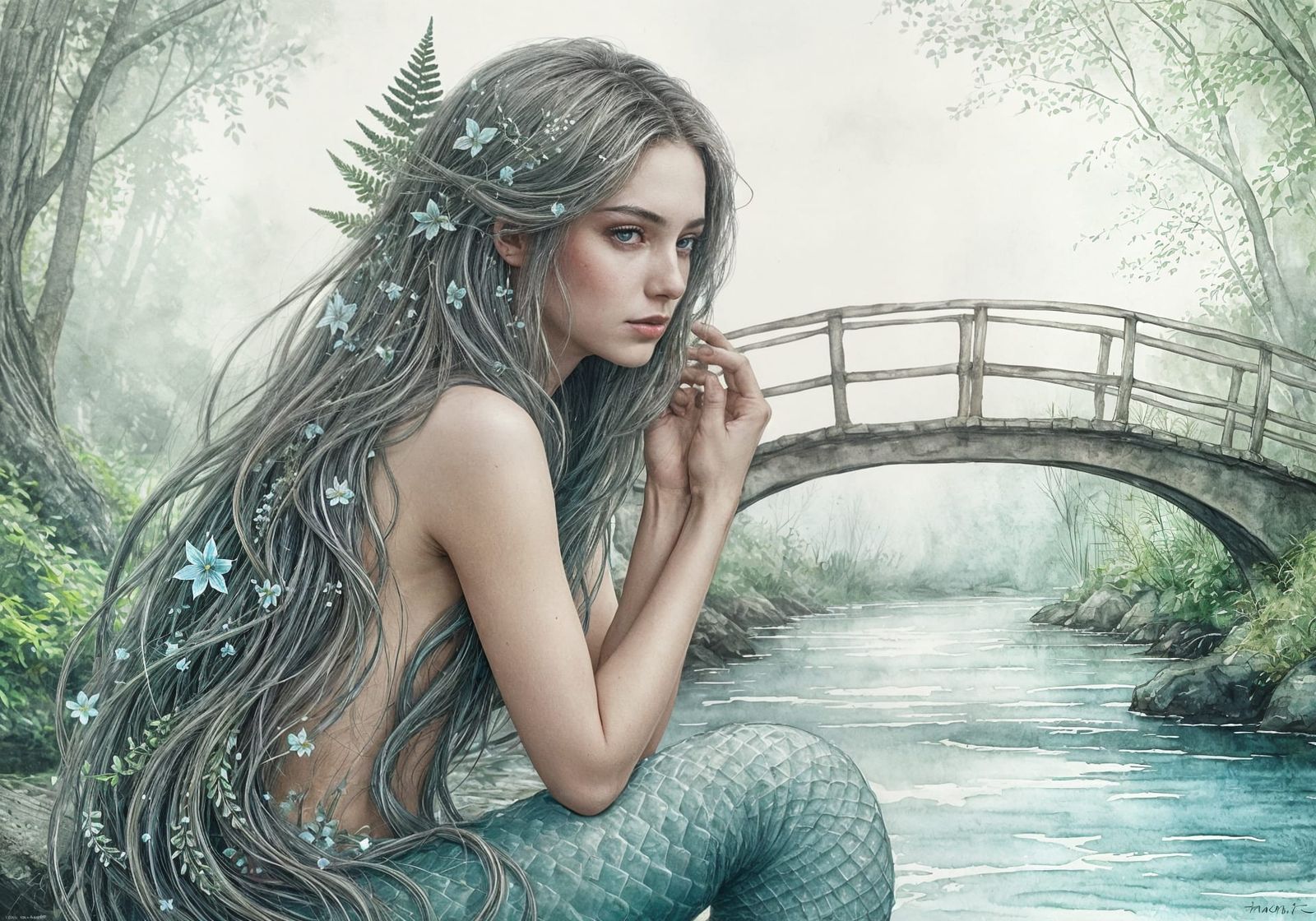 Mermaid with Bioluminescent Hair in Watercolor Style