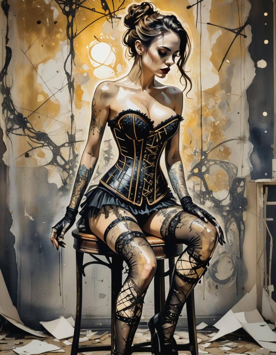 Dreamlike Woman in Intricate Laced Corset, Abandoned Hotel R...