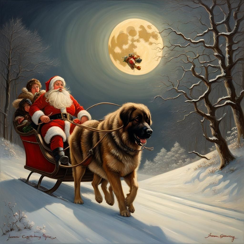A chubby Female santa claus  drives a sleigh pulled by Leonberger.