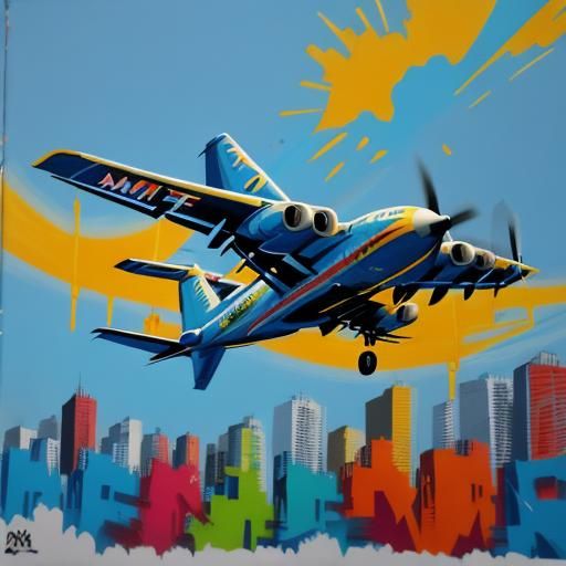 Airplane in Turbulent Descent, Vibrant Graffiti Artwork