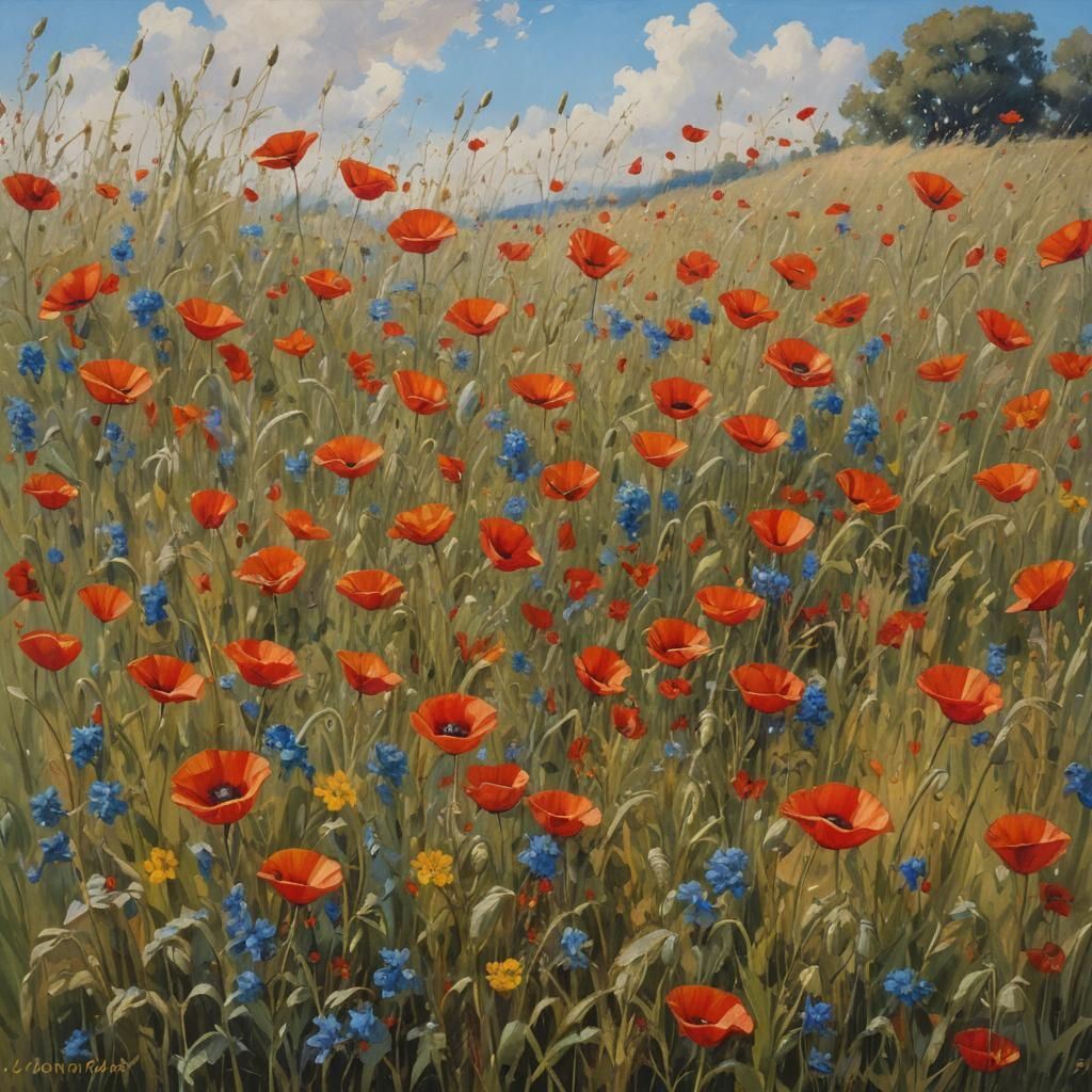Golden Harvest Field with Vibrant Red Poppy Blooms