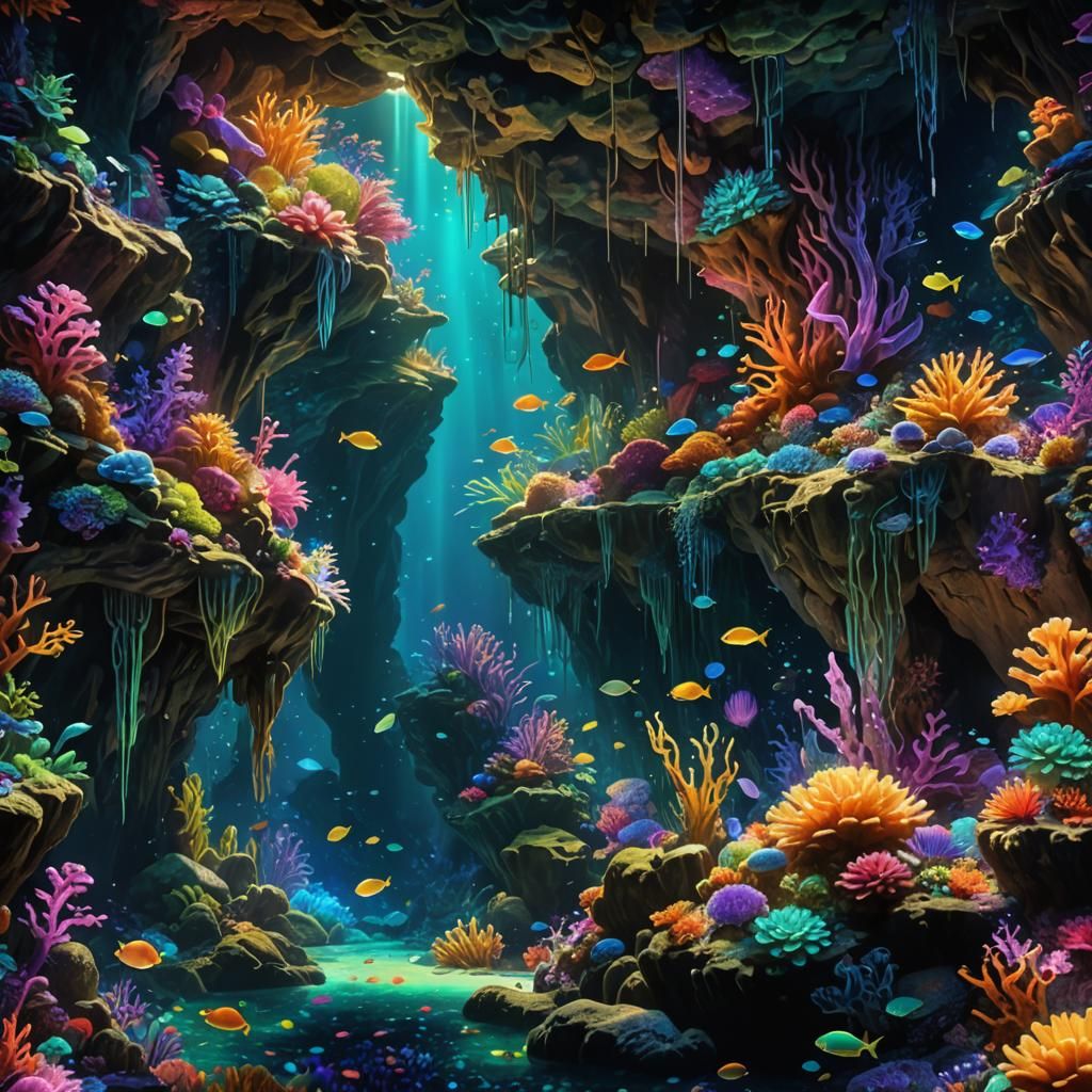 Illuminated Underwater Grotto in Vibrant Prismatic Style
