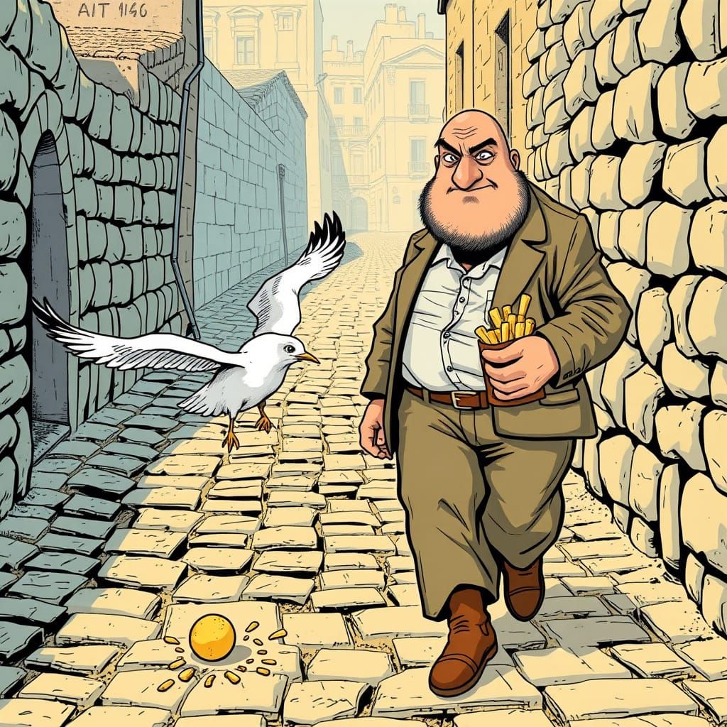 Stout Man Walks Roman Road with Bag of Chips