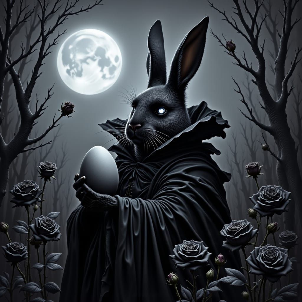 Gothic Easter Bunny with Violet Eyes in Moonlit Garden