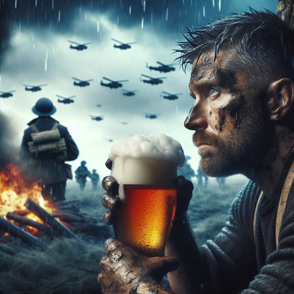 A Man Finds Solace in a Peaceful Pub Amidst the Chaos of War