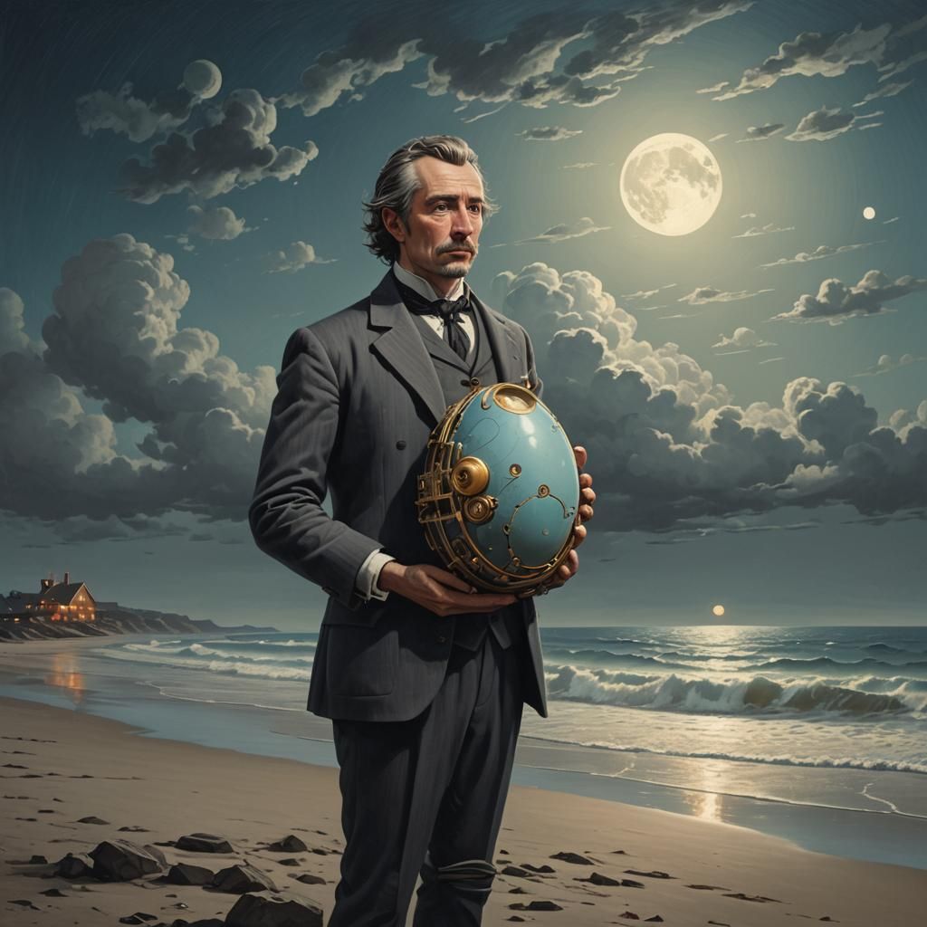 Elegant Gentleman Stands on Moonlit Beach Cradling a Mechani...