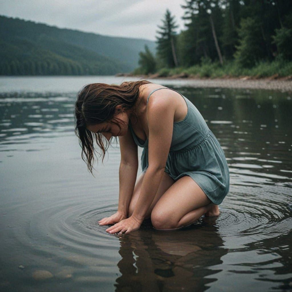 Woman in Contemplation: A Moody, Hyperrealistic Water Scene