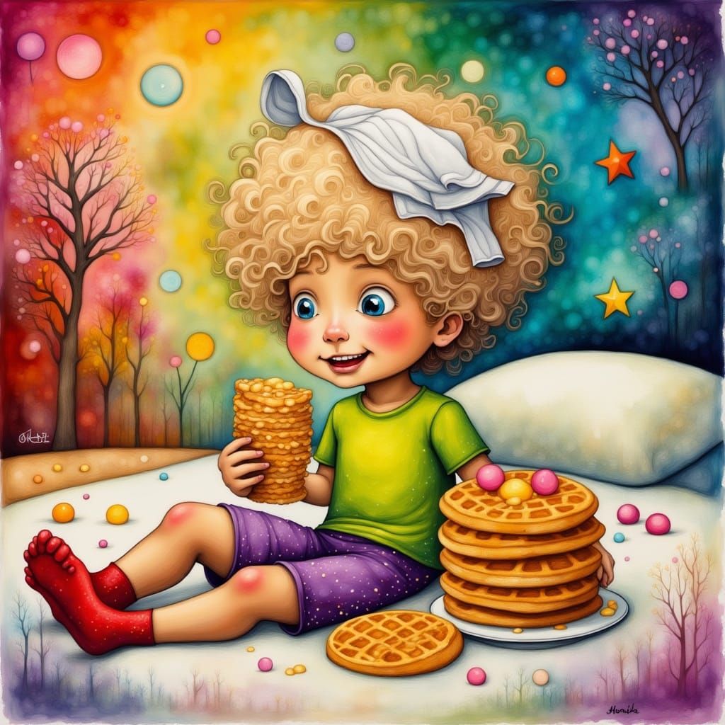 Silly Boy's Waffle Party in Bed