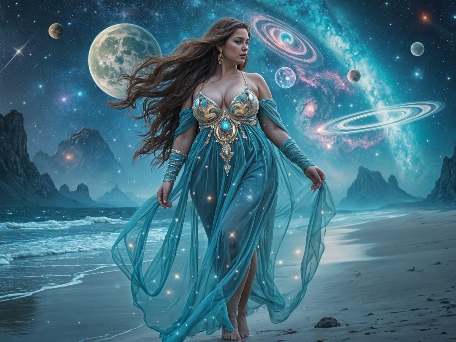 Goddess of the Cosmic Universe Walks Along an Alien Beach