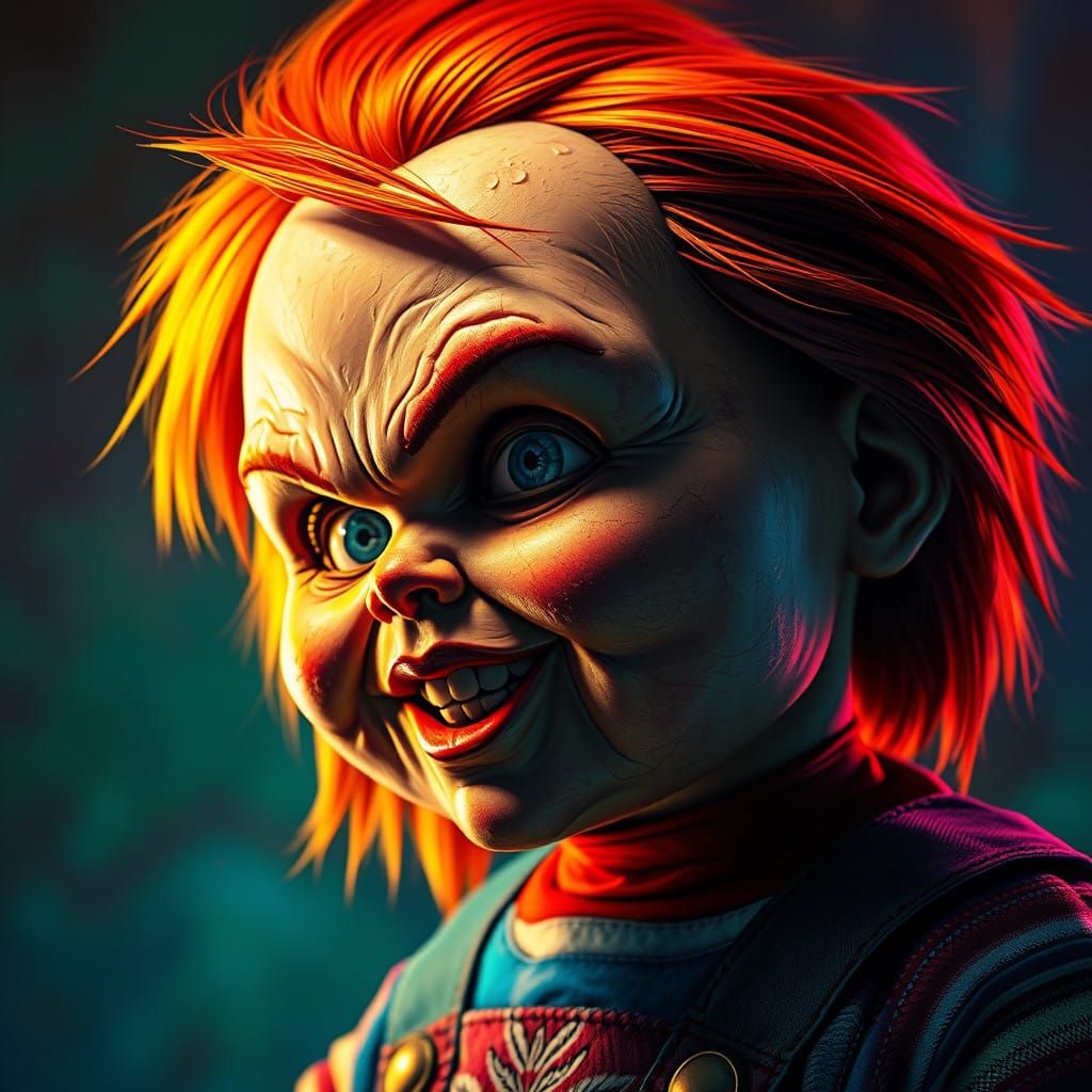 Hyperrealistic Chucky Splash Art in Lush Vibrant Colors