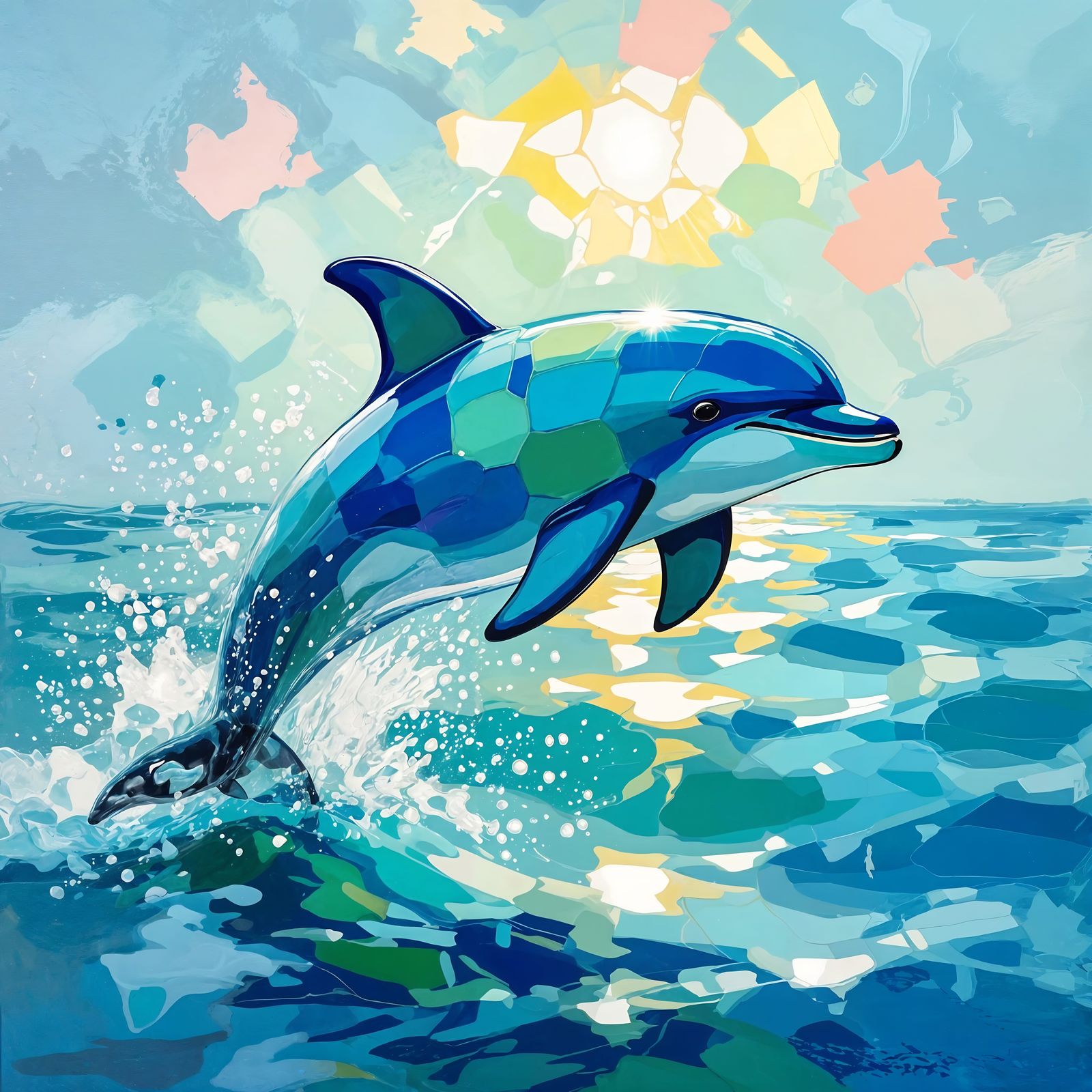 Sea Glass Dolphin Leaping From Wave, Impressionistic Oil Pai...