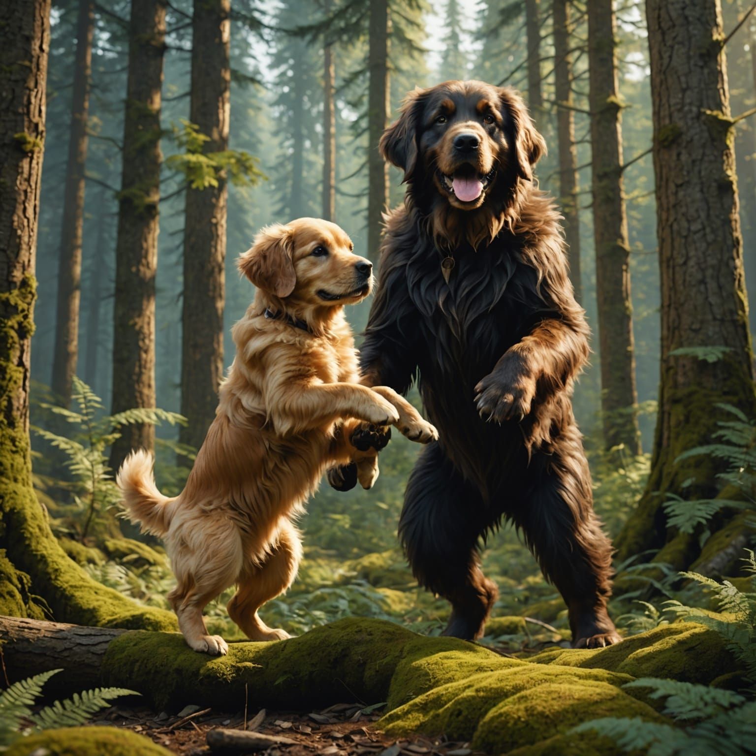 Sasquatch and Golden Retriever Play in Enchanted Forest