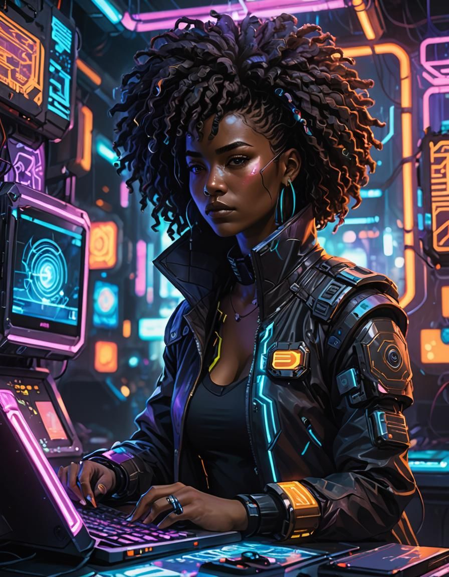 Cyberpunk Netrunner Goddess with Afro Illuminated by Neon Li...