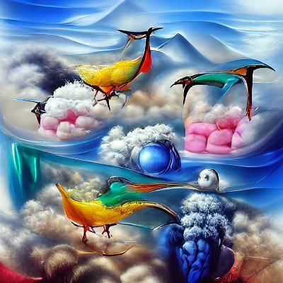 Surrealistic Glass World with Vibrant Birds and Clouds