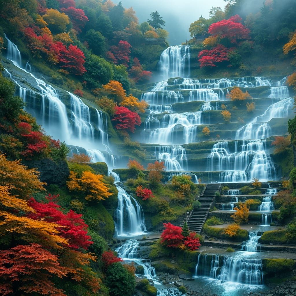 Enchanting Waterfalls in Lush Landscape, Pre-Raphaelite Styl...