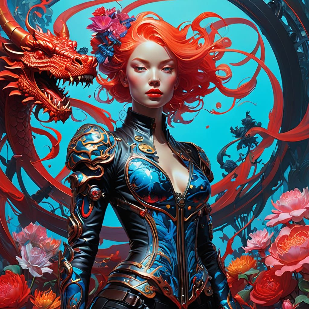 Necropunk Dragon in Spring, Digital Art