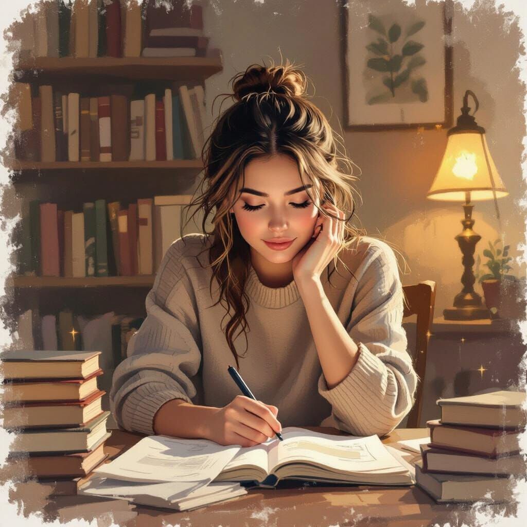 Studious Woman Surrounded by Books in Digital Painting Style