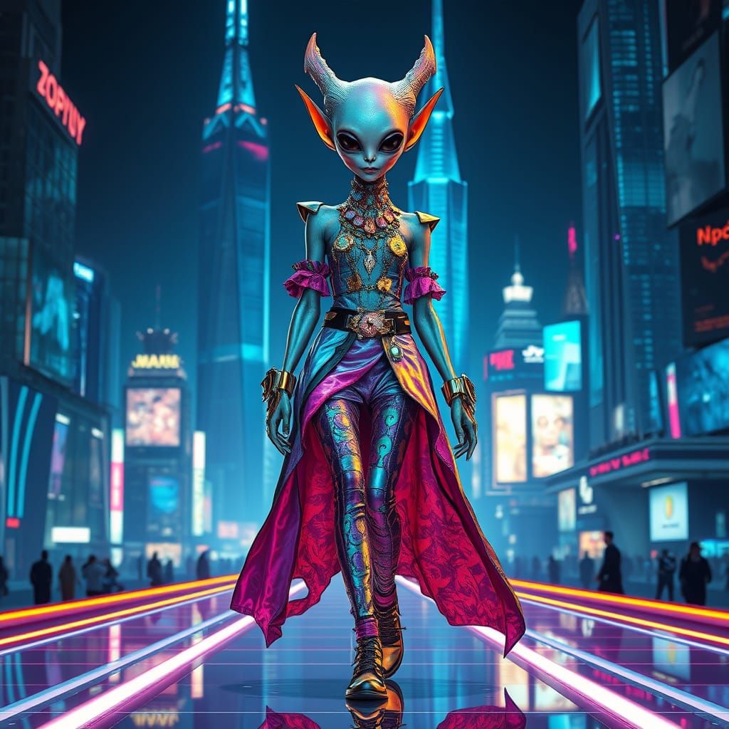 Cyberpunk Alien Fashion Model in Futuristic City