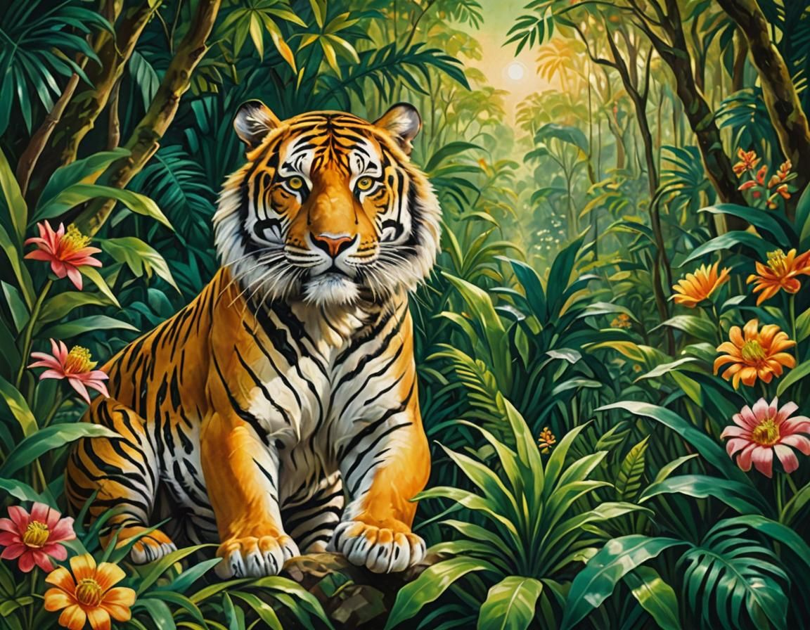 Vibrant Oil Painting of a Majestic Tiger in Emerald Jungle
